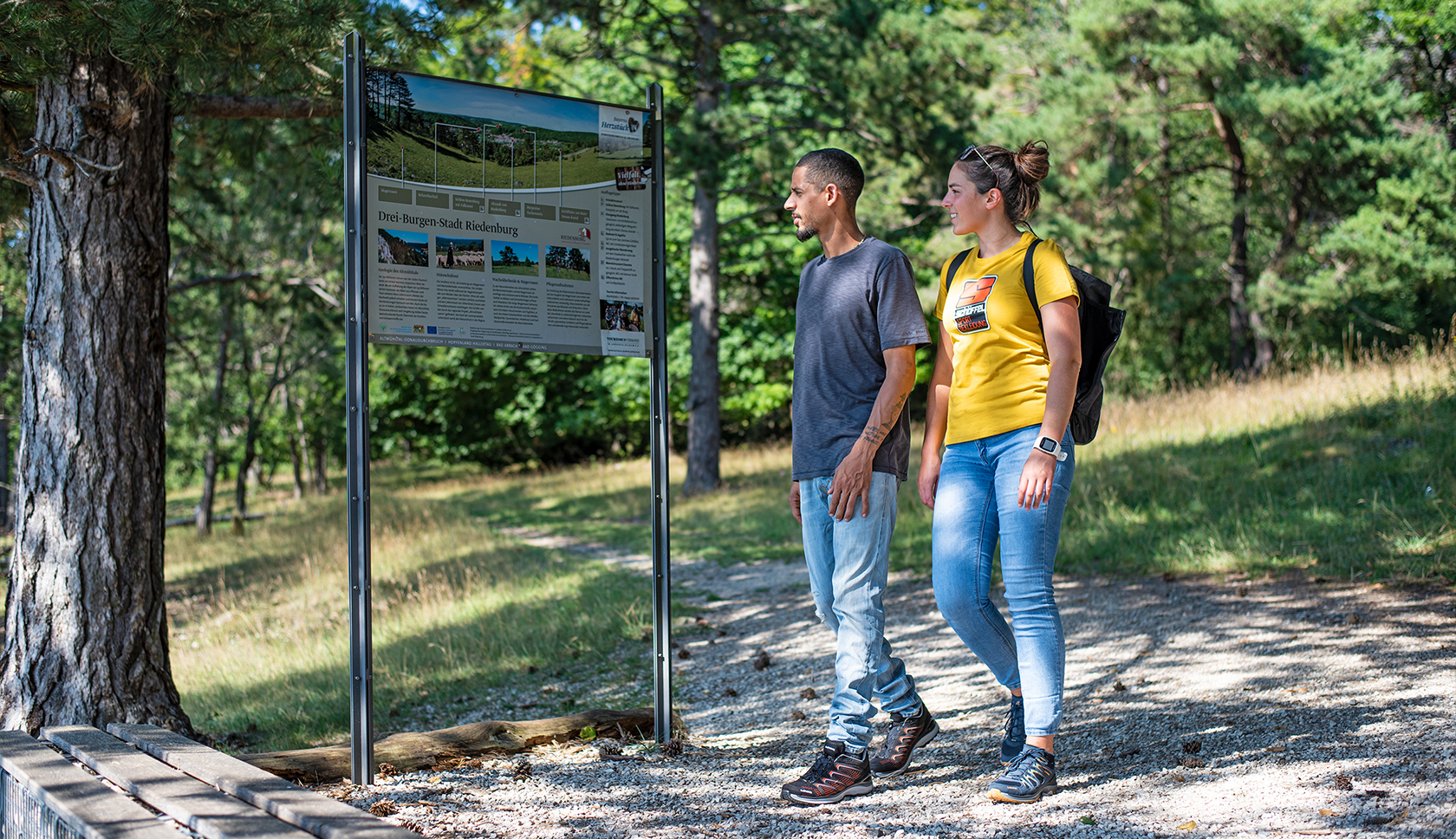 mensen staan bij routeaanwijzing bord